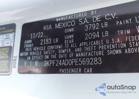 2023 Kia Forte Lx from USA, damaged, VIN 3KPF24AD0PE569283